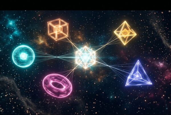Five glowing geometric shapes connected by luminous threads converging to a central crystalline core in deep cosmic space