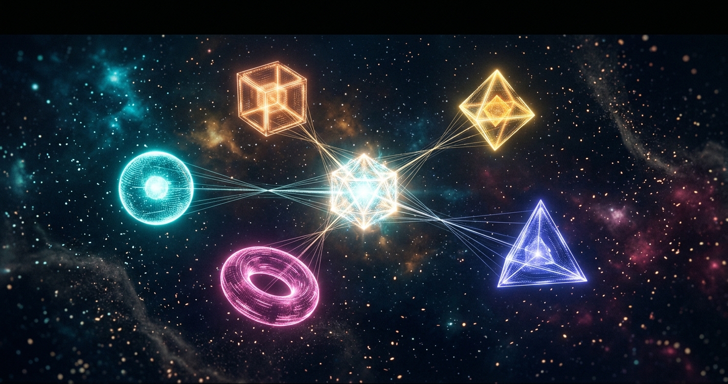 Five glowing geometric shapes connected by luminous threads converging to a central crystalline core in deep cosmic space