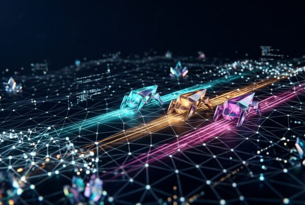 Three stylized AI crawler agents traveling along glowing data trails on a dark abstract web grid