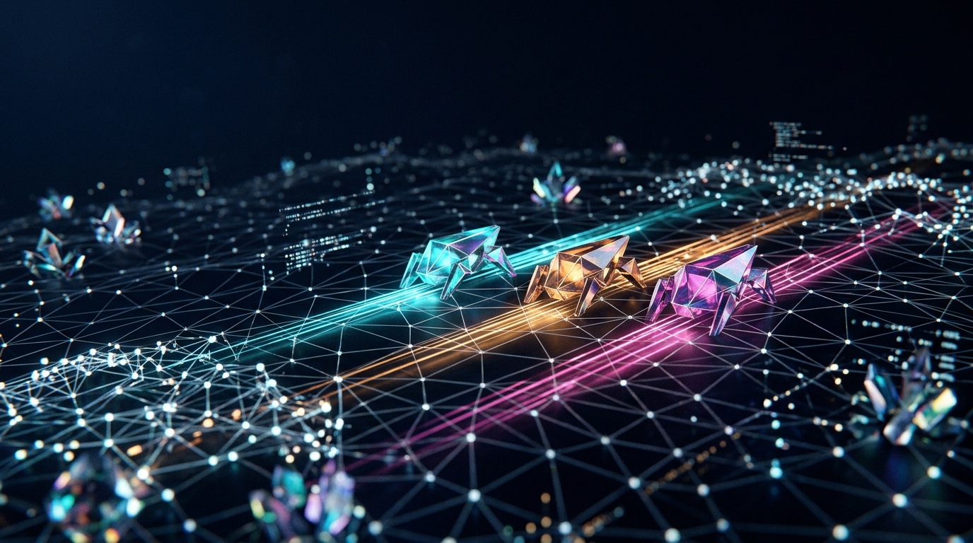 Three stylized AI crawler agents traveling along glowing data trails on a dark abstract web grid