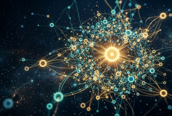 A central golden node radiating outward into a clustered constellation of related topical nodes connected by luminous pathways