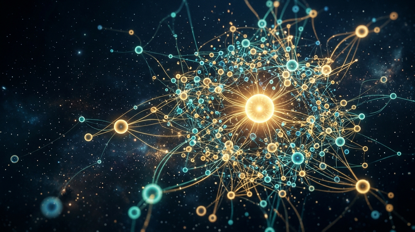 A central golden node radiating outward into a clustered constellation of related topical nodes connected by luminous pathways
