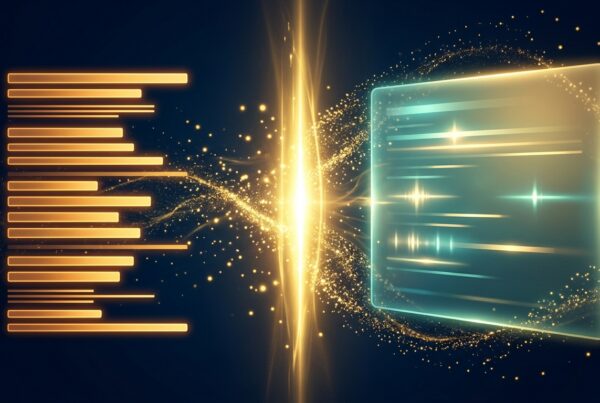 Stacked glowing search ranking bars on the left transitioning through a luminous golden portal to a translucent answer-engine response card on the right