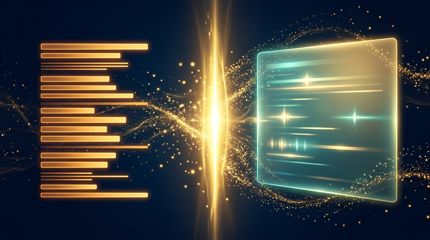 Stacked glowing search ranking bars on the left transitioning through a luminous golden portal to a translucent answer-engine response card on the right