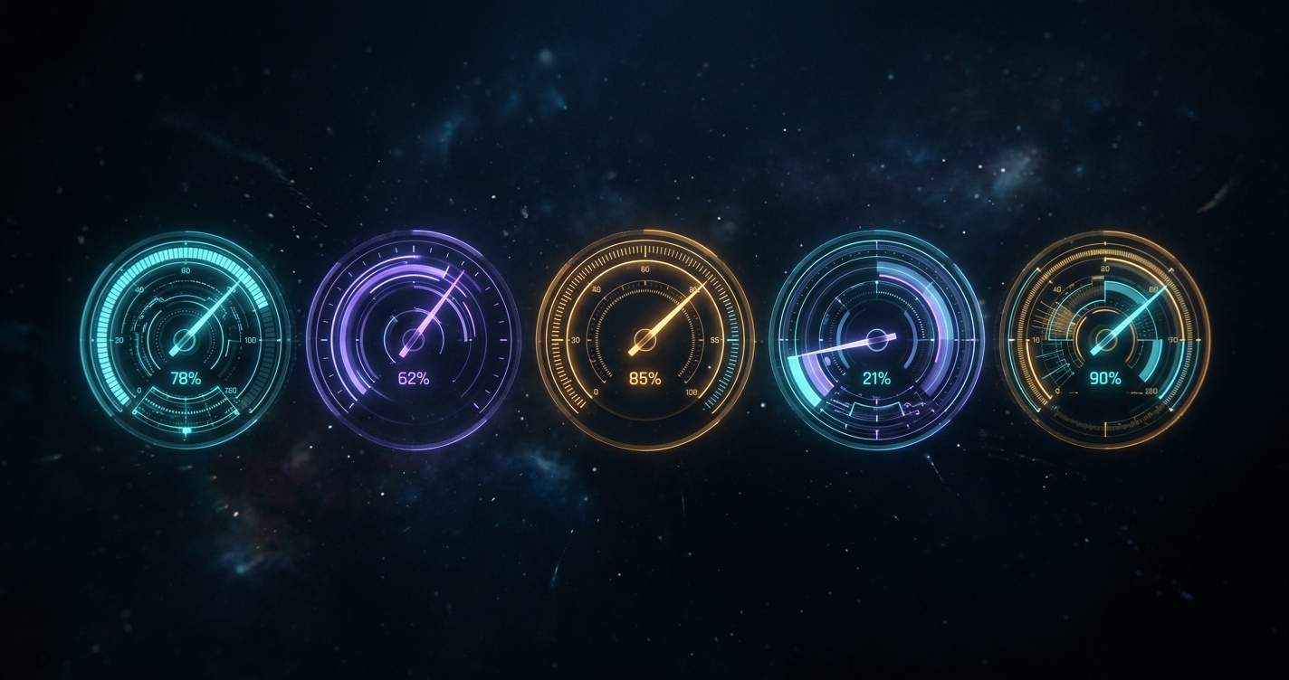Five luminous holographic data dials floating in dark space showing different metric readings