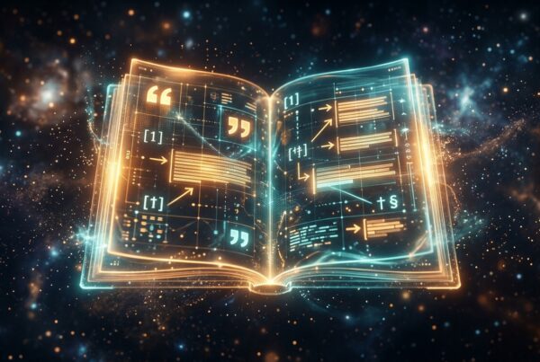 An open glowing holographic playbook displaying citation marks and arrows pointing to highlighted passages in cosmic space