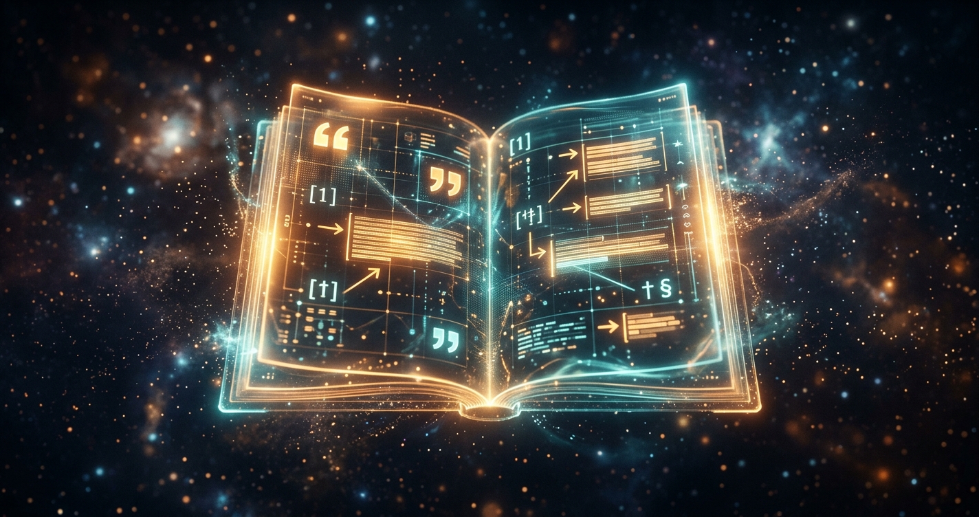 An open glowing holographic playbook displaying citation marks and arrows pointing to highlighted passages in cosmic space
