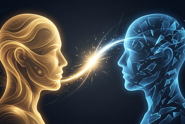 Two silhouettes, one warm and satisfied, one hesitant, with a spark of insight between them