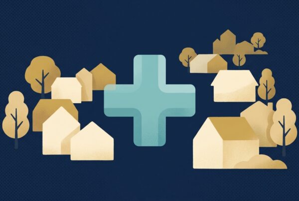 Abstract editorial illustration of a teal medical cross surrounded by small house silhouettes representing a new independent pediatric practice opening in a fast-growing Georgetown Texas suburb