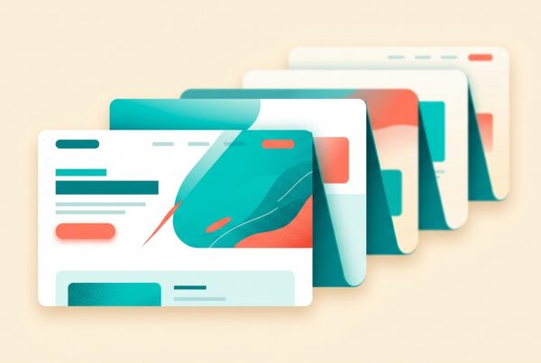 A clean landing page abstracted as a series of layered horizontal cards stacking front to back, the front card crisp with a highlighted call to action and the cards behind it progressively folded down, illustrating progressive disclosure and reduced cognitive load