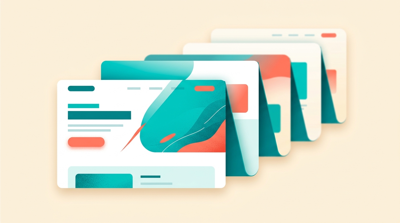 A clean landing page abstracted as a series of layered horizontal cards stacking front to back, the front card crisp with a highlighted call to action and the cards behind it progressively folded down, illustrating progressive disclosure and reduced cognitive load