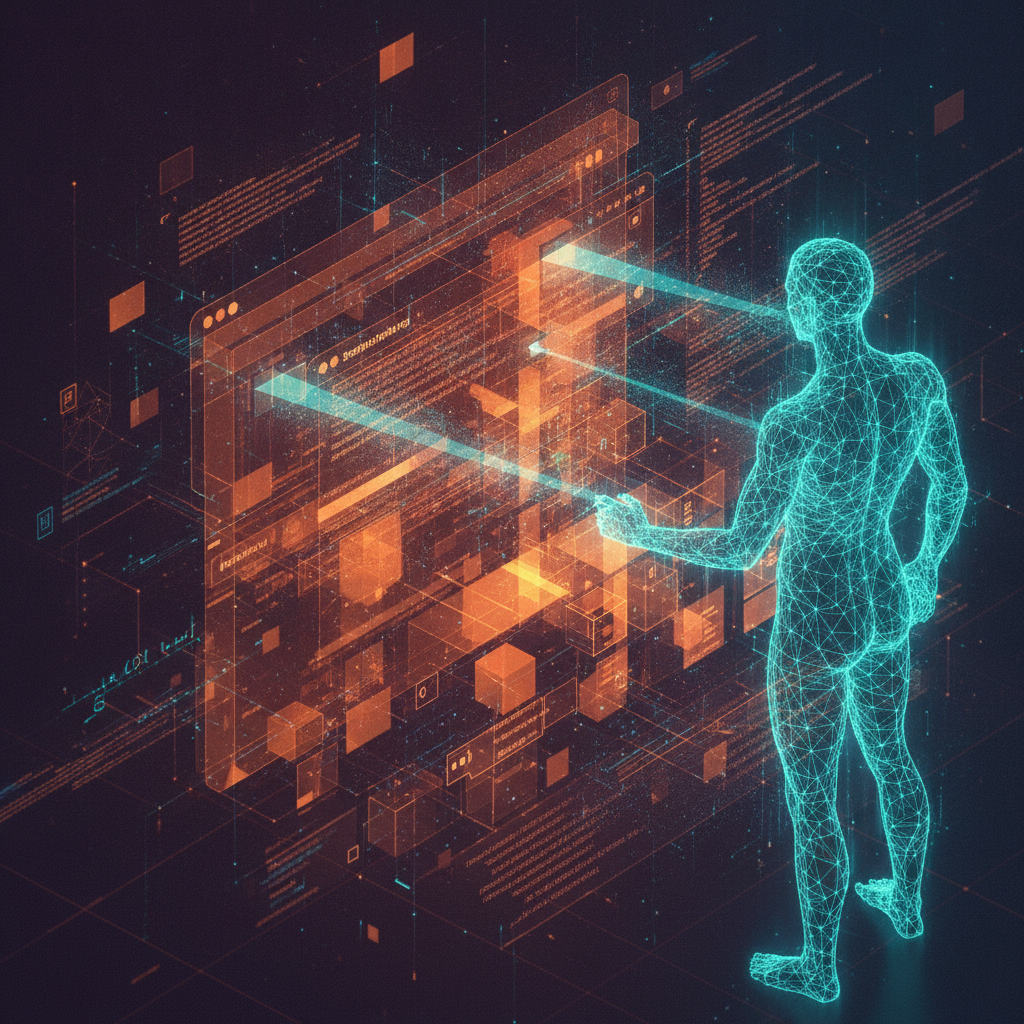 Abstract illustration of an AI agent inspecting a website rendered as structured data and schema instead of a visual page