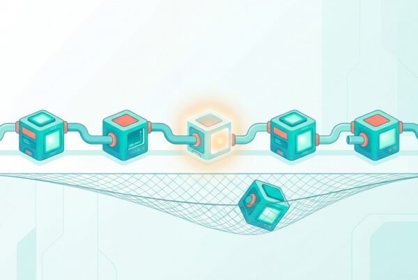 Chain of modular automation blocks linked by pipelines with a safety net catching a stray block
