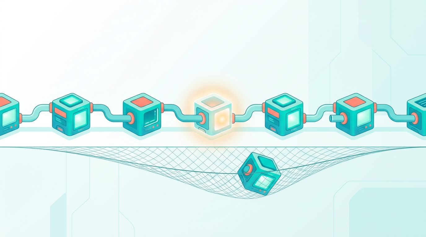 Chain of modular automation blocks linked by pipelines with a safety net catching a stray block