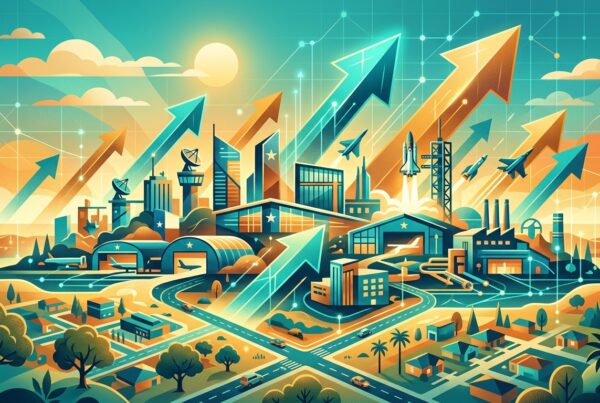 Abstract illustration of a rising aerospace and defense industrial campus with upward growth arrows, representing Cedar Park's economic development push