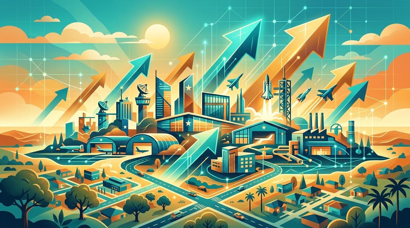 Abstract illustration of a rising aerospace and defense industrial campus with upward growth arrows, representing Cedar Park's economic development push