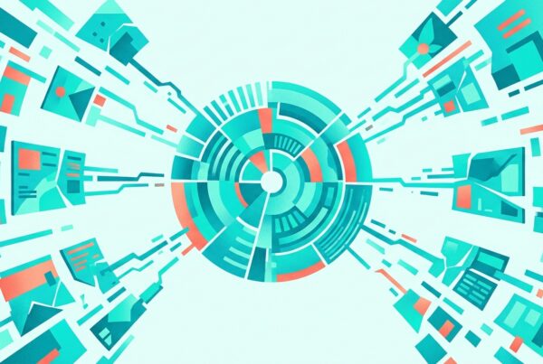 Teal and coral illustration of scattered fragmented data panels converging and stitching into a unified central hub on a light background