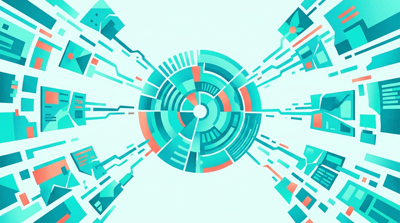 Teal and coral illustration of scattered fragmented data panels converging and stitching into a unified central hub on a light background