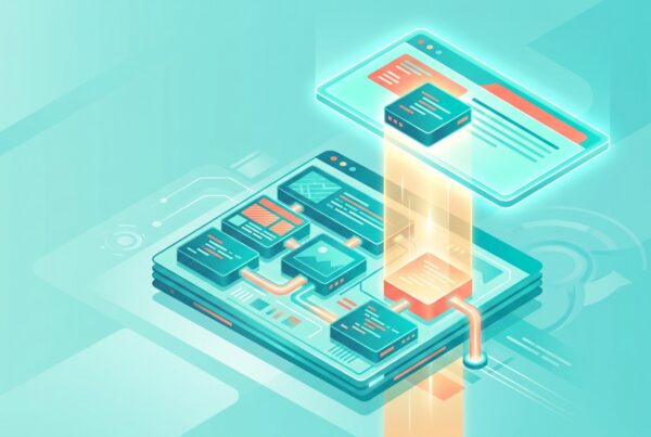 Teal and coral isometric illustration of a structured web page with one content block lifted by a glowing beam into a floating AI answer panel as a cited source