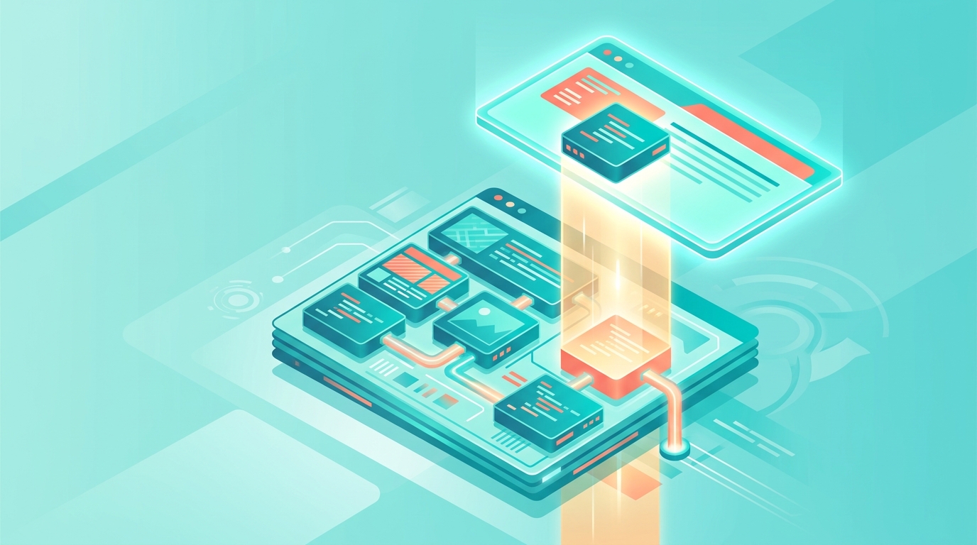 Teal and coral isometric illustration of a structured web page with one content block lifted by a glowing beam into a floating AI answer panel as a cited source