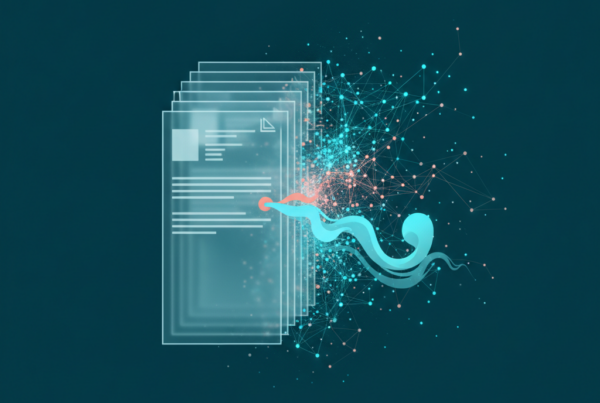 Structured document layers dissolving into a luminous network of data nodes, on a deep teal background