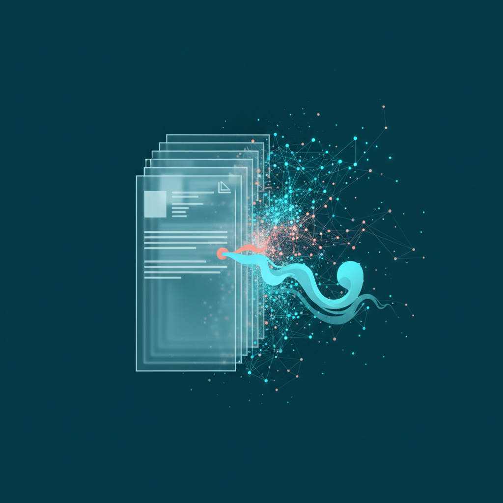 Structured document layers dissolving into a luminous network of data nodes, on a deep teal background