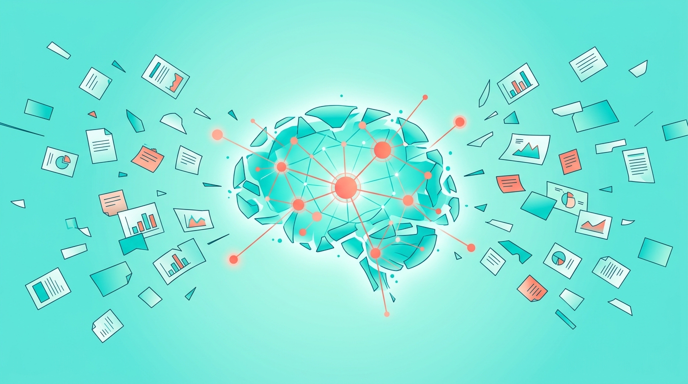 Teal network shaped like a brain pulling in scattered marketing knowledge cards and charts