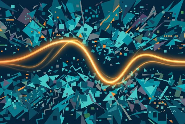 Abstract illustration of a clear signal wave cutting through a field of chaotic data noise, representing data strategy in the age of AI