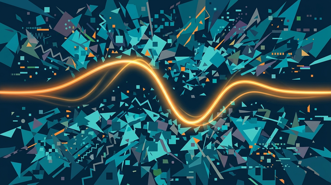 Abstract illustration of a clear signal wave cutting through a field of chaotic data noise, representing data strategy in the age of AI