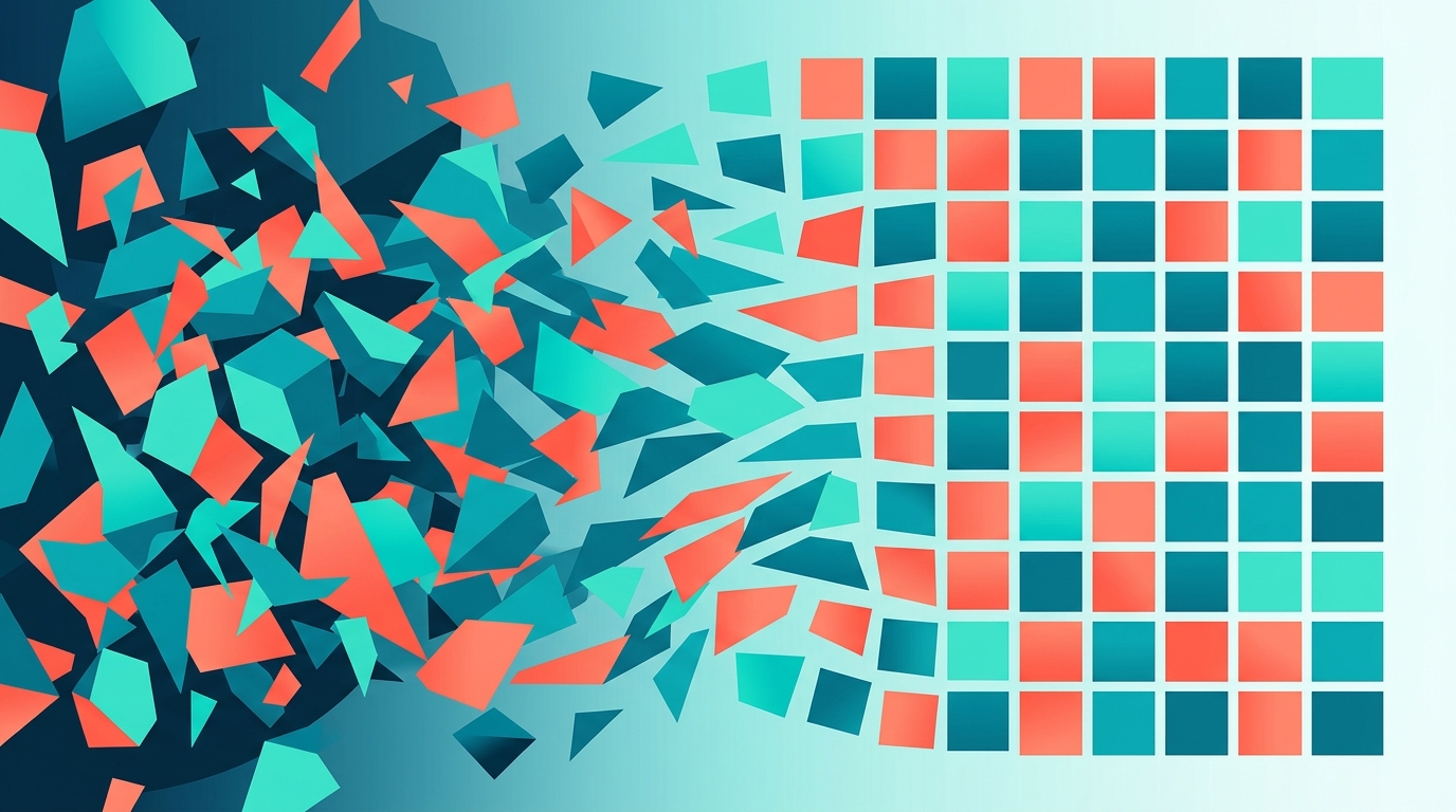 Scattered geometric shards organizing into an orderly grid in teal, aqua, and coral