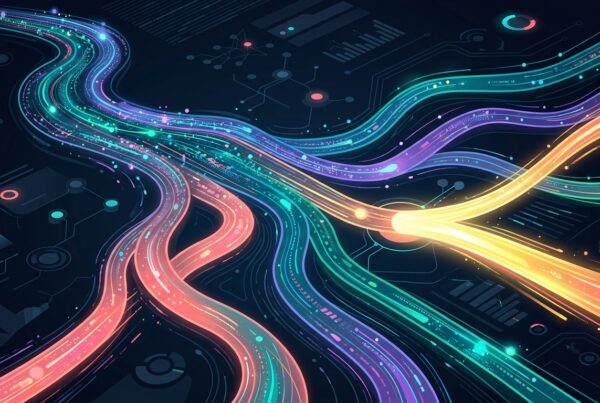 Editorial illustration of glowing website traffic streams dividing into colored channels with one bright new channel emerging, representing the new AI Assistant channel in GA4