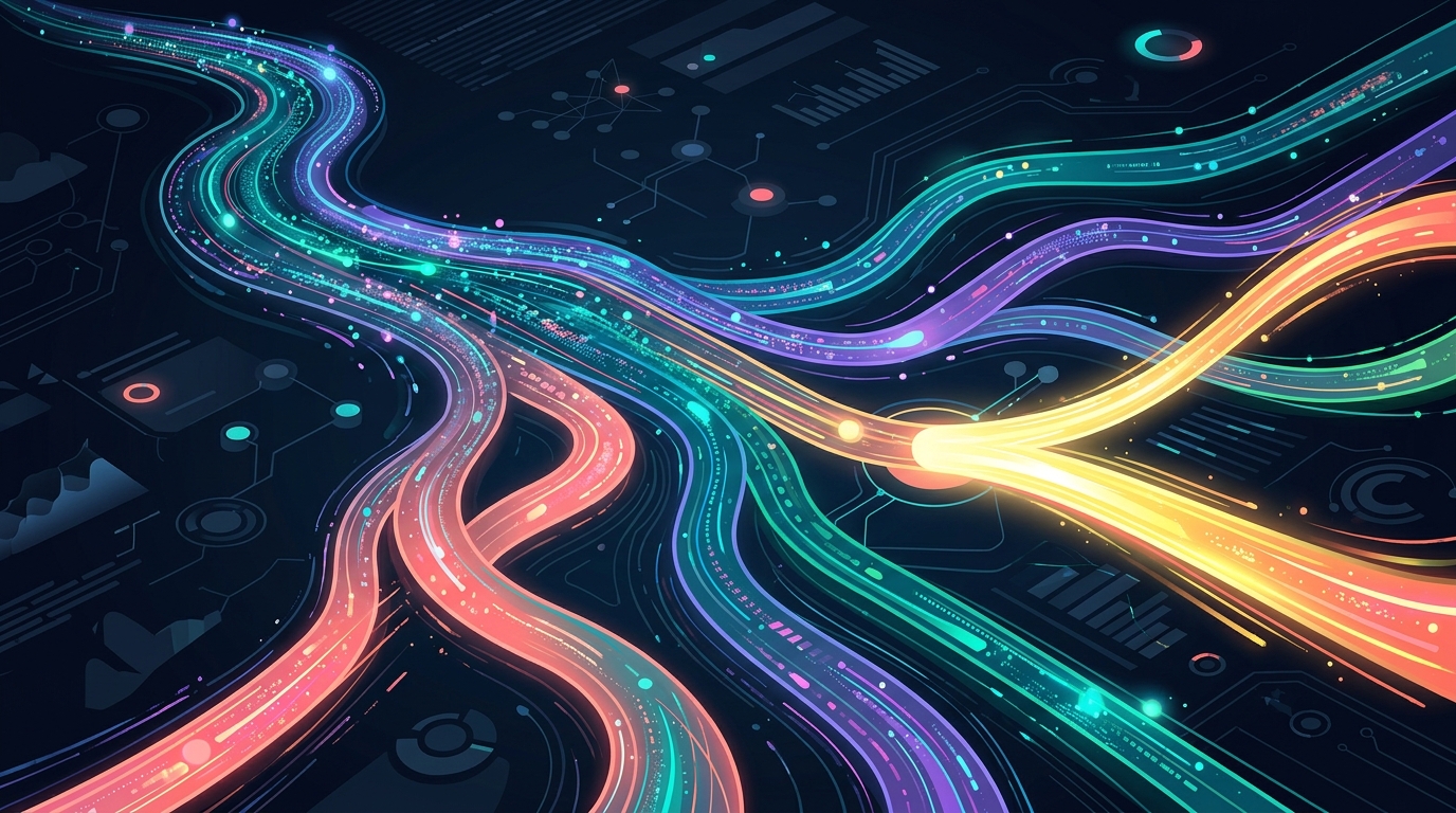 Editorial illustration of glowing website traffic streams dividing into colored channels with one bright new channel emerging, representing the new AI Assistant channel in GA4