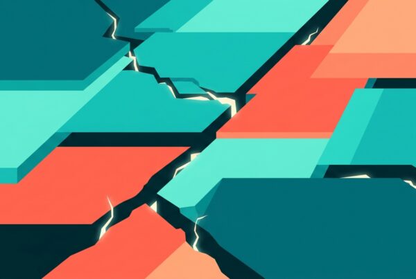 Abstract illustration of shifting geometric plates in teal, aqua, and coral