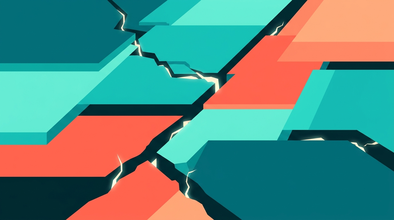 Abstract illustration of shifting geometric plates in teal, aqua, and coral