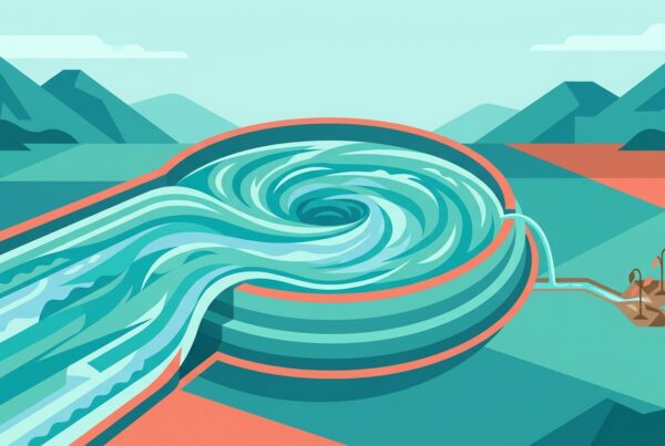 River of water captured by a large basin with only a thin trickle reaching a small garden, symbolizing AI Overviews absorbing search traffic