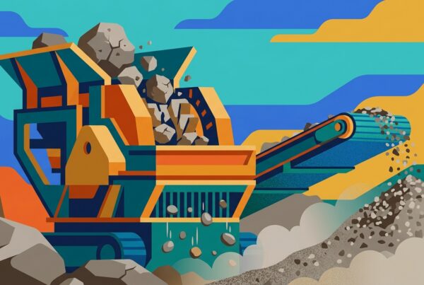 Industrial rock crusher pulverizing large boulders into gravel while small pebbles fall through the gaps untouched