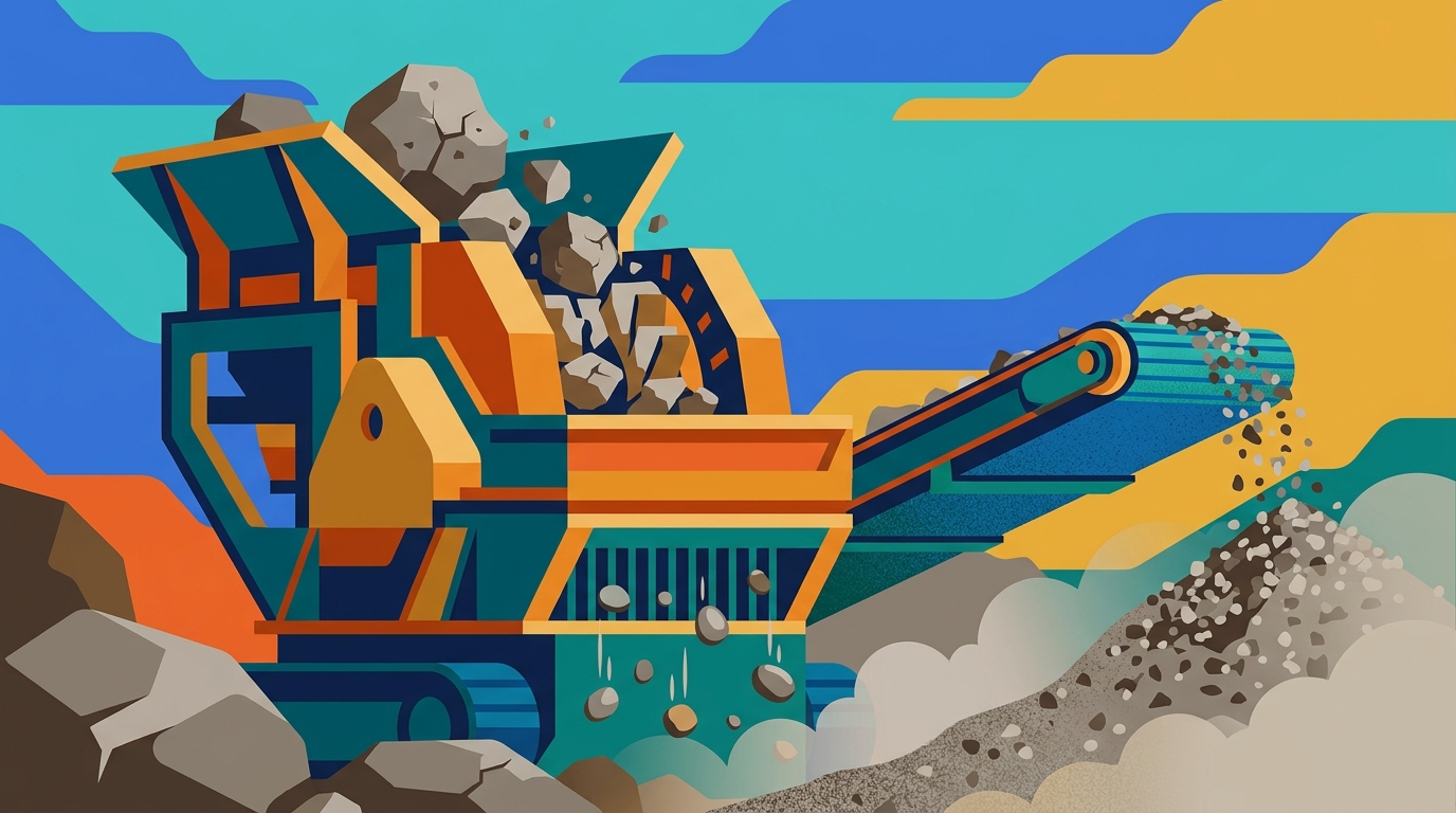 Industrial rock crusher pulverizing large boulders into gravel while small pebbles fall through the gaps untouched