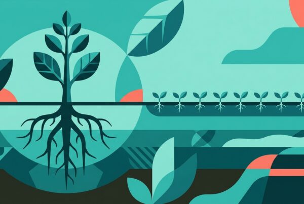 Illustration of one deep-rooted plant beside a row of shallow sprouts, showing depth beating breadth