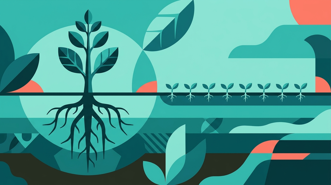 Illustration of one deep-rooted plant beside a row of shallow sprouts, showing depth beating breadth
