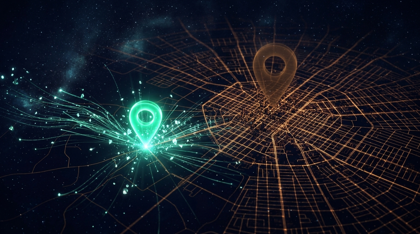Abstract night-map of a city with a bright teal location pin over a sparse area radiating data energy and a dim amber pin over a dense grid, showing the smaller market as the stronger one