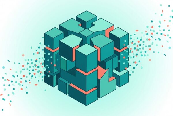 Interlocking geometric block structure holding firm while loose confetti dots drift away, symbolizing structural loyalty versus promotions
