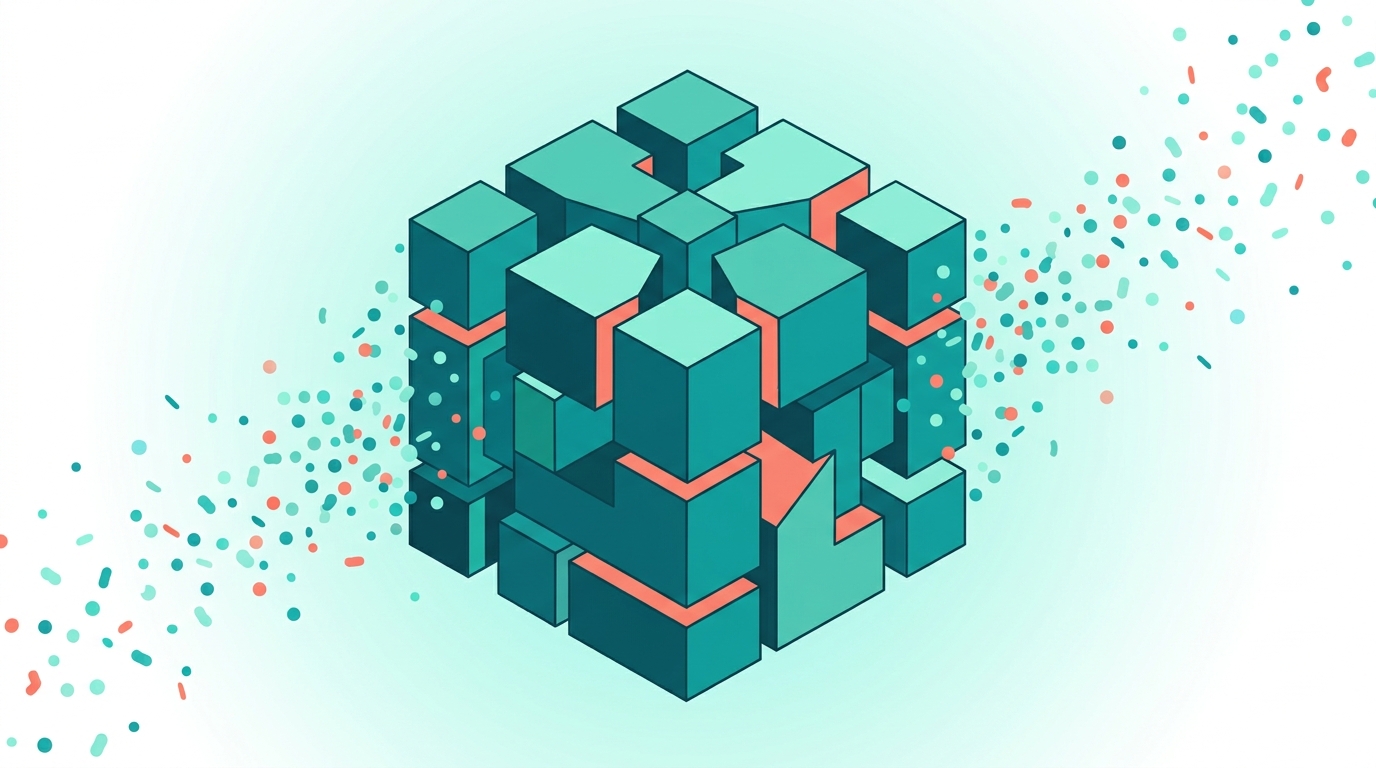 Interlocking geometric block structure holding firm while loose confetti dots drift away, symbolizing structural loyalty versus promotions