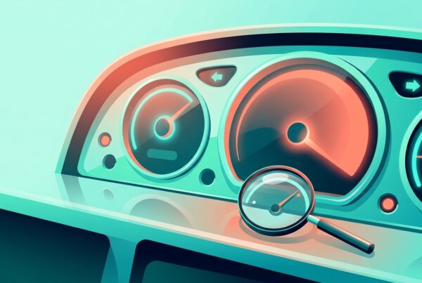 Car-style instrument panel with glowing gauges and a magnifying glass revealing a smaller true reading, symbolizing ad dashboards that overstate results