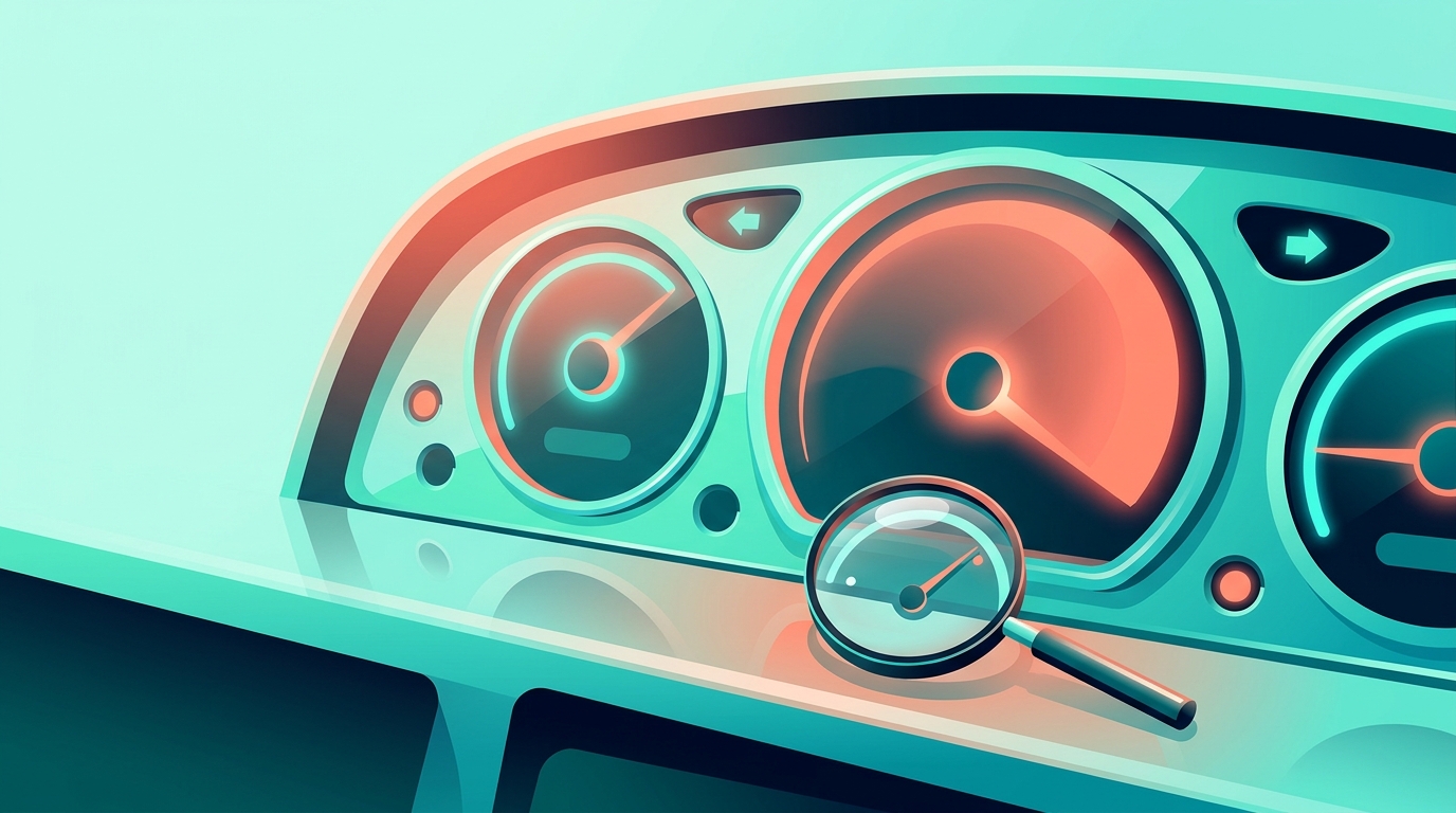 Car-style instrument panel with glowing gauges and a magnifying glass revealing a smaller true reading, symbolizing ad dashboards that overstate results