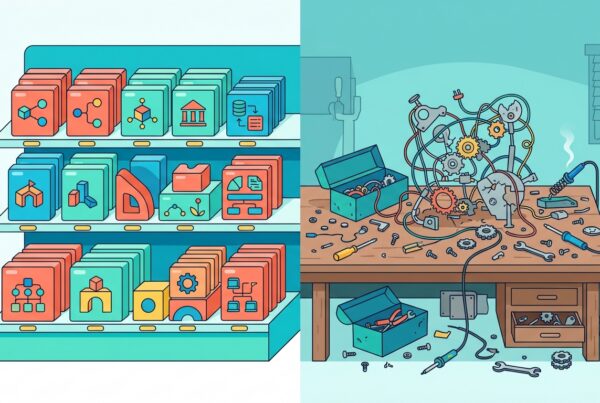 A tidy shelf of ready-made modular blocks beside a cluttered workbench of half-built tangled machinery, symbolizing buying proven software instead of building fragile tools