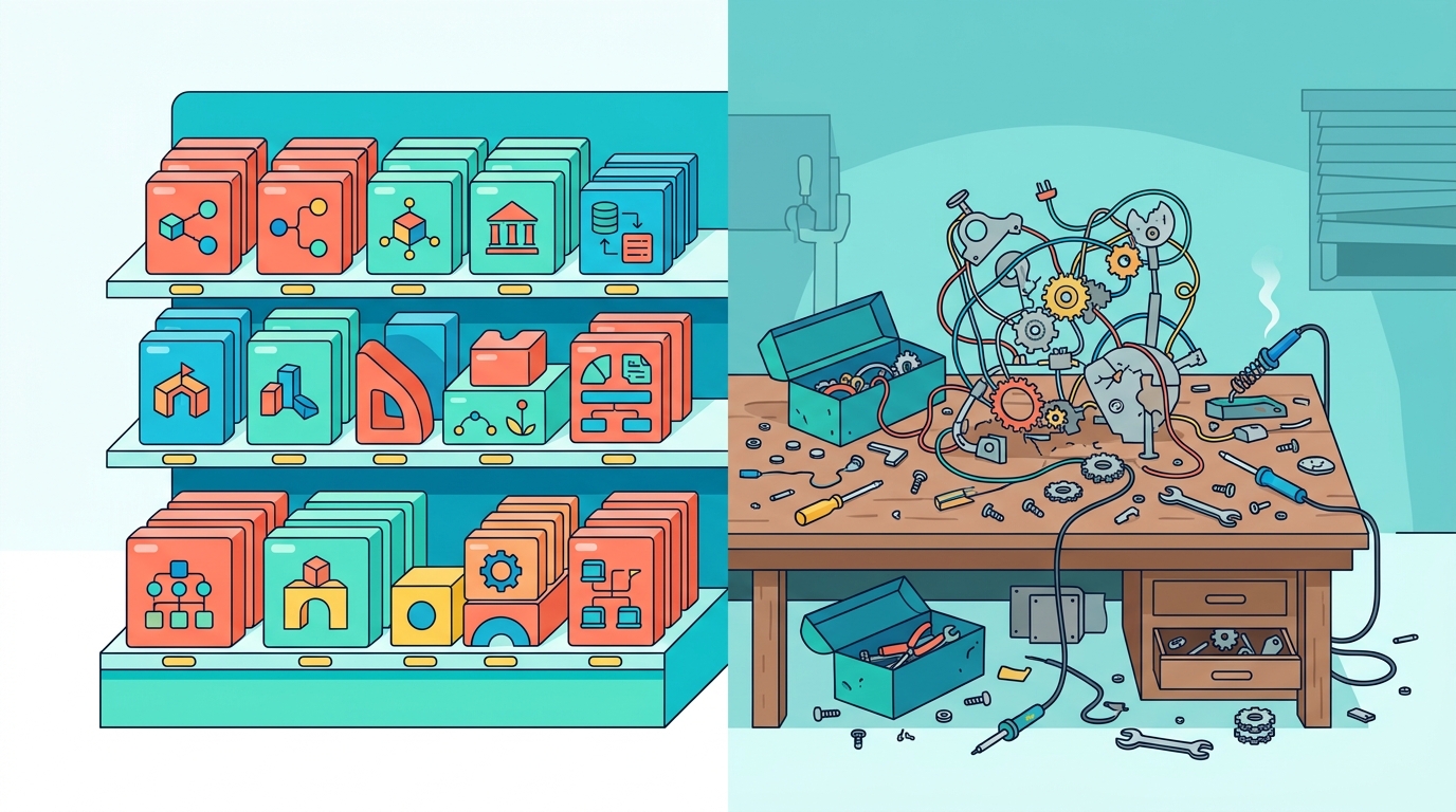 A tidy shelf of ready-made modular blocks beside a cluttered workbench of half-built tangled machinery, symbolizing buying proven software instead of building fragile tools