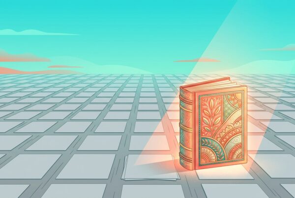 A single glowing hand-crafted book standing in a beam of light above a vast grid of identical plain sheets, symbolizing original content standing out from mass-produced content