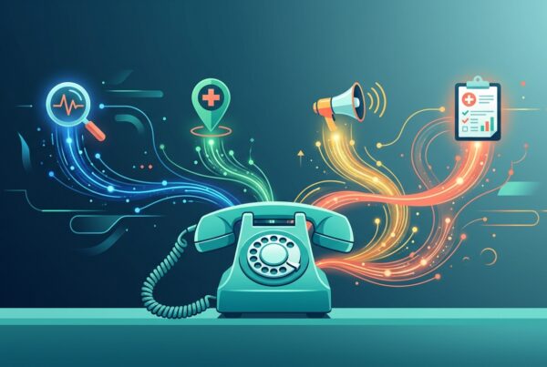 Vintage rotary telephone with its cord unspooling into color-coded data streams connected to search, map, megaphone, and clipboard icons