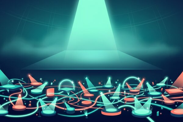 Many small spotlights lighting a network of stages in front of one large empty stage