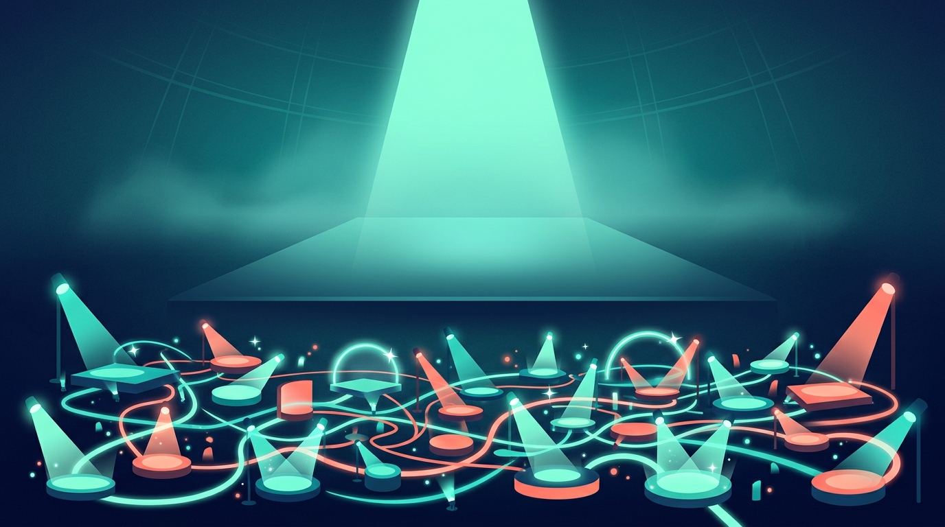 Many small spotlights lighting a network of stages in front of one large empty stage
